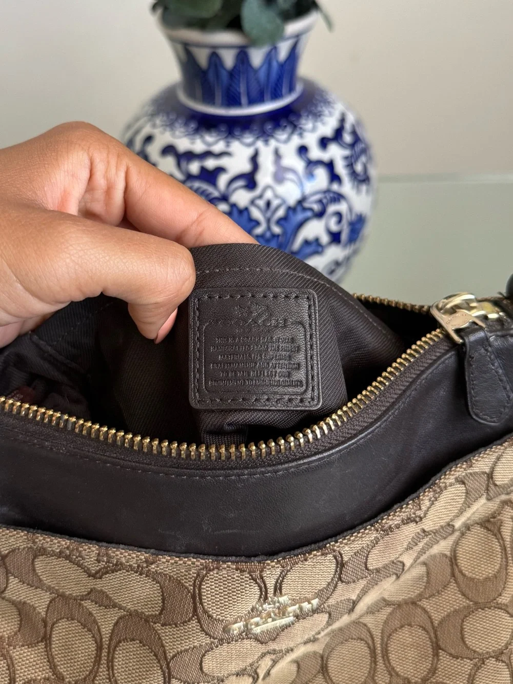 Coach Brown Signature Crossbody Bag with Dark Brown Trim